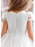 Puff Sleeves Ivory Lace Tulle Sparkly Flower Girl Dress